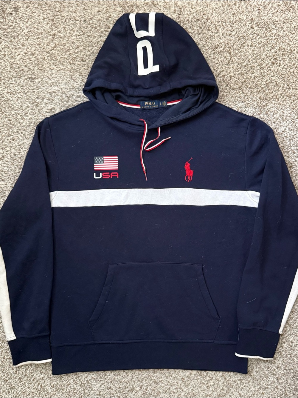 Polo by Ralph Lauren Navy Hooded Sweatshirt White Stripe Red Pony Size large